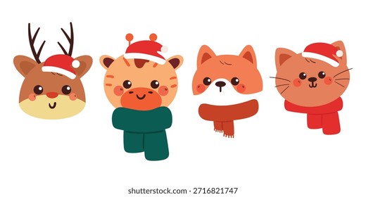 Conjunto de lindos animales de dibujos animados de dibujo a mano con bufanda para invierno y Navidad y juego de pegatinas de invierno