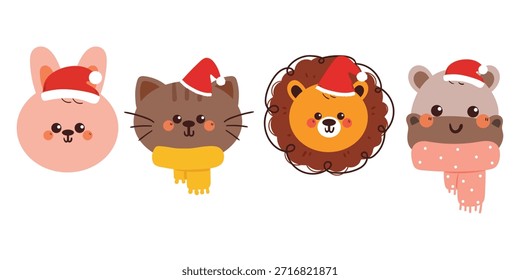 Conjunto de lindos animales de dibujos animados de dibujo a mano con bufanda para invierno y Navidad y juego de pegatinas de invierno