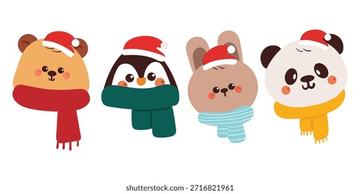 Conjunto de lindos animales de dibujos animados de dibujo a mano con bufanda para invierno y Navidad y juego de pegatinas de invierno