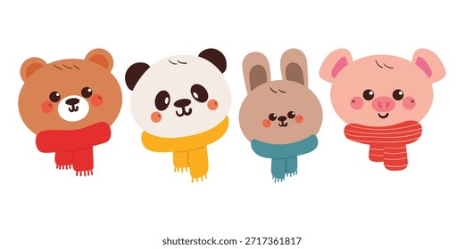 Conjunto de animales lindos de la historieta del dibujo de la mano con la bufanda para la etiqueta engomada del invierno