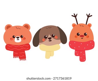 set of cute hand drawing cartoon animals with scarf for winter sticker