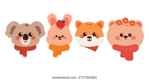 Conjunto de animales lindos de la historieta del dibujo de la mano con la bufanda para la etiqueta engomada del invierno