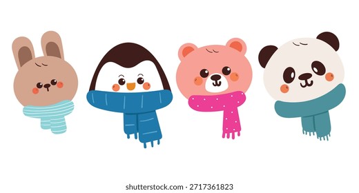 Conjunto de animales lindos de la historieta del dibujo de la mano con la bufanda para la etiqueta engomada del invierno