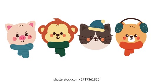 Conjunto de animales lindos de la historieta del dibujo de la mano con la bufanda para la etiqueta engomada del invierno
