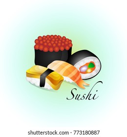 Set of cute hand drawing sushi and sashimi hand drawing vector and illustration, Japanese raw food with rice, sweet egg, shrimp, salmon spawn and seaweed on pastel blue color background for food icon