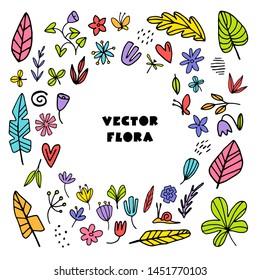 Set of cute hand drawn abstract florals, lowers, leaves and insects. Vector design elements. Isolated on white background. for t-shirts, prints, postcards, summer design. Dodles