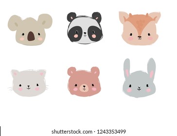 Set of Cute Hand Drawn Animals, Cat, Rabbit, Panda, Koala, Deer and Bear. Childish Illustration. Vector. Cartoon characters isolated on white background.