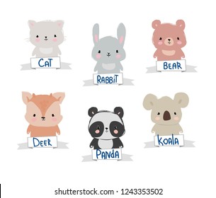 Set of Cute Hand Drawn Animals, Cat, Rabbit, Panda, Koala, Deer and Bear. Childish Illustration. Vector. Cartoon characters isolated on white background.  Nameplates.