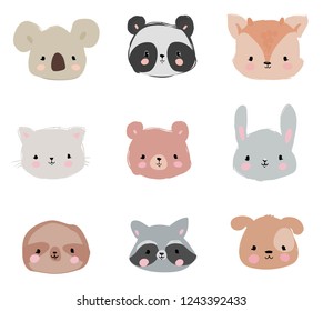Set of Cute Hand Drawn Animals. Childish Illustration. Vector. Cartoon characters isolated on white background. Raccoon, sloth, cat, koala, deer, bear, rabbit, panda, dog.