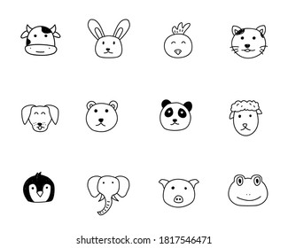 Set of cute hand drawn animals face doodle vector illustration with black color isolated on white background 