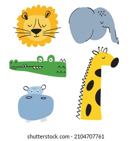 Set of cute hand drawn animals heads for kids.