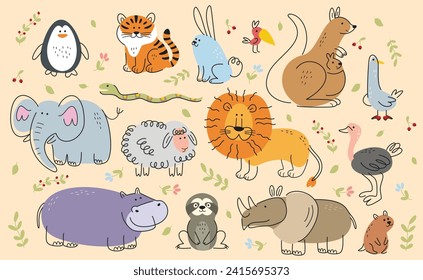 Set of cute hand drawn animals. Doodle icons or stickers with tiger, lion, elephant, hippopotamus, ostrich, kangaroo and penguin. Cartoon flat vector illustrations isolated on beige background