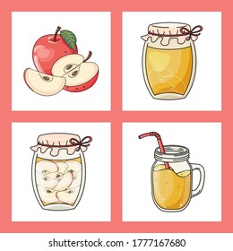 Set of cute hand drawn apple jam jars and juice with ripe fruits. Sweet homemade dessert. Vector graphic elements for card, package, label, wrapping paper, print, banner, advertising or poster