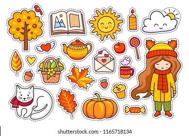 Set of cute hand drawn autumn elements. Fall season decoration. Little girl, pumpkin, open book, cloud, coffee, candle, kettle, love letter. Vector illustration.