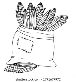 Conjunto de adorables objetos de otoño dibujados a mano. cosecha, verduras en bolsas. Maíz dibujado por líneas. Colección de elementos de scrapbook para la fiesta de otoño. Ilustración del vector aislada en fondo blanco
