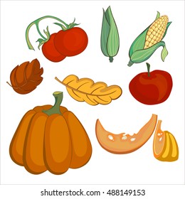 Set of cute hand drawn autumn objects. Fall season decoration. Collection of scrapbook elements for autumn party, farmers market, harvest festival or Thanksgiving day.
