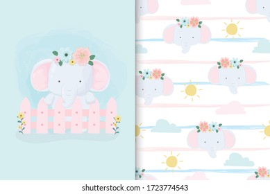 Set of cute hand drawn baby elephant benhind fence with seamless pattern background . Flat hand drawn illustration kid's poster banner 