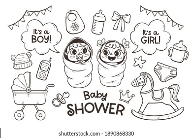 Set of cute hand drawn baby and newborn accesories isolated on white background. Cartoon baby girl and baby boy with labels. Doodle vector illustration.