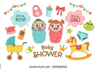 Set of cute hand drawn baby and newborn accesories isolated on white background. Cartoon baby girl and baby boy with labels. Colorful vector illustration.