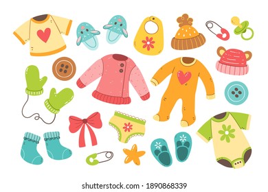 Set of cute hand drawn baby and newborn clothes and accesories isolated on white background. Colorful vector illustration.