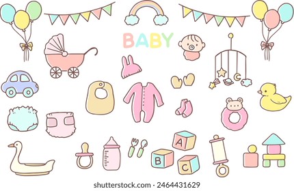 Set of cute hand drawn baby products illustrations