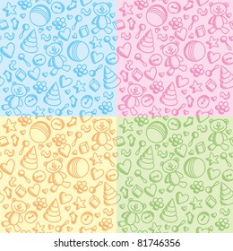 set of cute hand drawn baby seamless patterns of toys