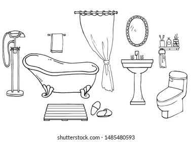 Set With Cute Hand Drawn Bathroom. Vector Doodle Collection