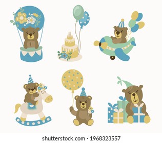 Un conjunto de osos dibujados a mano. Ilustraciones de felicitación. Estilo boho. Fondo blanco, aislado.
