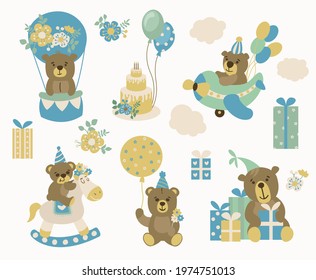 Set of cute hand drawn bears. Congratulatory illustrations. Boho style. White background, isolate.	