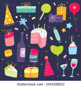 Set of cute hand drawn birthday design element, suitable for card design, scrapbooking etc