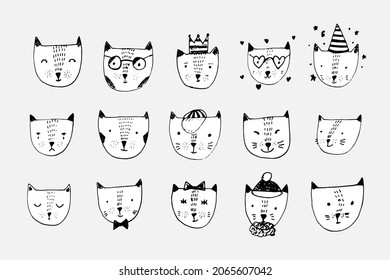 Set of cute hand drawn black vector cat heads