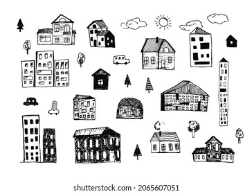 Set of cute hand drawn black vector houses