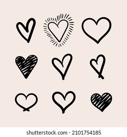 Set of cute hand drawn black hearts