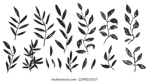 Set of cute hand drawn black vector textured ink leaves and branches. Unique herbs for botanical background design, textile patterns, frames, greeting cards
