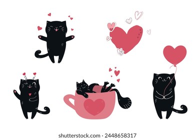 Conjunto de lindos gatos negros dibujados a mano y corazones. Ilustración vectorial