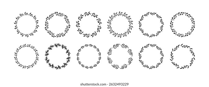 Set of cute hand drawn black vector textured ink leaves and branches wreath. Unique herbs frames for botanical background design, greeting cards, wedding decoration