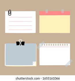 set of cute hand drawn blank paper sticky note pad with tape, speech bubble balloon think, speak, talk, template, flat design, vector, illustration text box banner frame