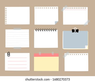 set of cute hand drawn, blank ripped paper sheet sticky note pad with tape, speech bubble balloon think, speak, talk, template, text box banner frame, flat design, vector, illustration