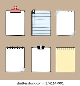 Set Of Cute Hand Drawn, Blank Paper Sticky Note Pad With Tape And Clip, Template, Text Box, Flat Design, Vector, Illustration