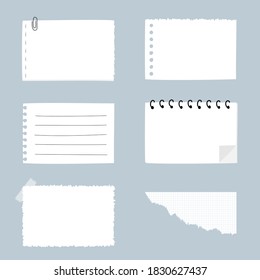 set of cute hand drawn, blank torn ripped paper sheet sticky note pad with tape, speech bubble balloon think, speak, talk, template, text box banner frame, flat design, vector, illustration