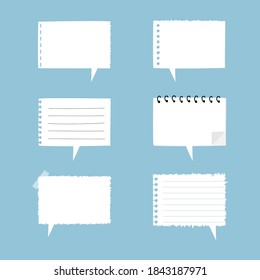set of cute hand drawn, blank torn ripped paper sheet sticky note pad with tape, speech bubble balloon think, speak, talk, text box banner, flat design vector illustration