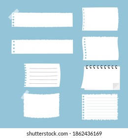 juego de papel lindo dibujado a mano, hoja de papel blanco rasgado almohadilla de notas pegajosa con cinta, globo de burbuja de voz pensar, hablar, hablar, cuadro de texto, pancarta, diseño plano, vector, ilustración