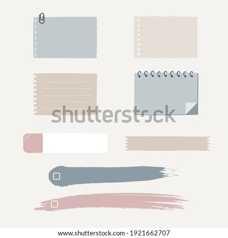 set of cute hand drawn, blank ripped paper sheet sticky note pad with tape, speech bubble balloon think, speak, talk, template, text box banner frame, flat design, vector, illustration