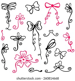 Set of cute hand drawn bows. Design elements for menu, books, cards and invitations. Vector illustration