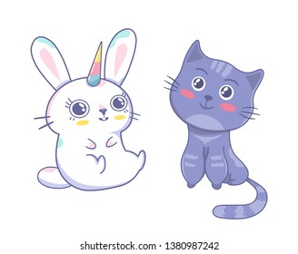 Set of cute hand drawn bunnies and cats. Collection of children doodles and sketches with funny animals. Vector illustration