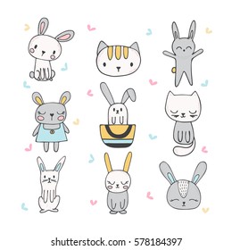 Set of cute hand drawn bunnies and cats. Collection of children doodles and sketches with funny animals. Vector illustration