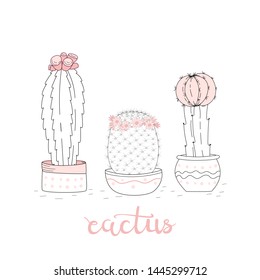Set of cute hand drawn cacti on white background and hand lettering. Vector icons in minimalist sketch style. Hand-drawn isolated objects.