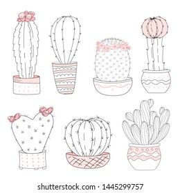 Set of cute hand drawn cacti on white background. Vector icons in minimalist sketch style. Hand-drawn isolated objects.