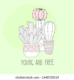 Set of cute hand drawn cactus with letters on color background. Vector icons in minimalistic sketch style. Funny vector lettering for card, shirt print, label.