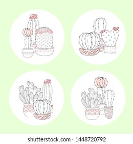 Set of cute hand drawn cactus with letters on color background. Vector icons in minimalistic sketch style. Funny vector lettering for card, shirt print, label.